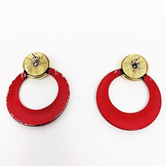 Monet Open Circle Dangle Earrings Gold Tone Red Enamel Nautical Star Round - Picture 6 of 7